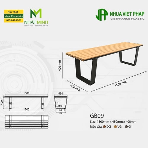 Ghế băng ngoài trời GB09 là mẫu ghế gỗ nhựa Nhựa Việt Pháp, thích hợp đặt tại khuôn viên, sân vườn hay công viên…