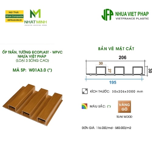 Gỗ nhựa ốp tường trần Ecoplast 3 sóng cao Nhựa Việt Pháp được sử dụng để ốp tường, ốp trần trong nhà, làm vách ngăn…