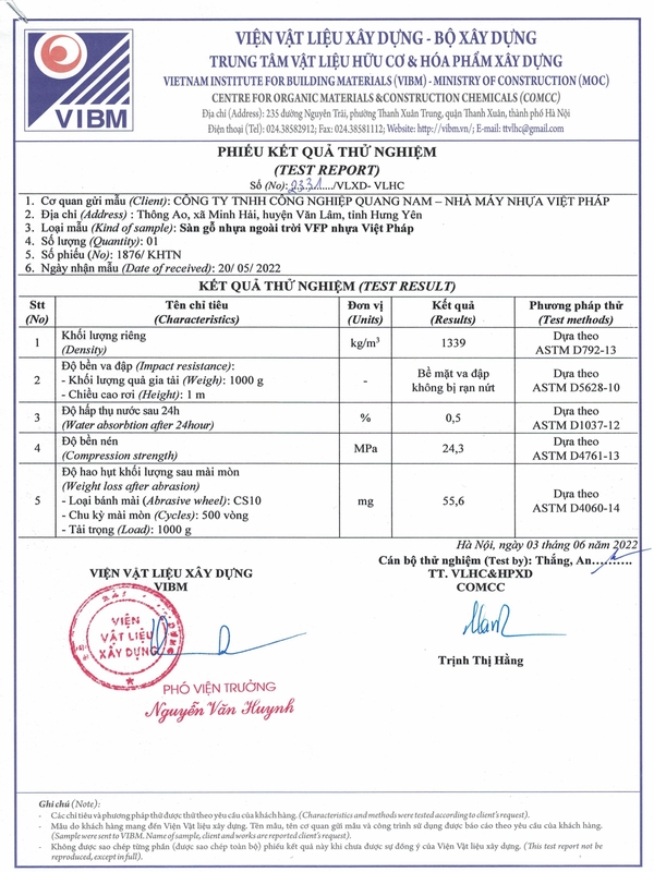 Test chất lượng sàn gỗ nhựa Việt Pháp