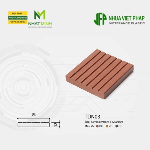 Thanh gỗ nhựa đa năng TDN03 Nhựa Việt Pháp có thể dùng để: Ốp tường, trần ngoài trời, lát sàn gỗ ban công, sân vườn, bể bơi…